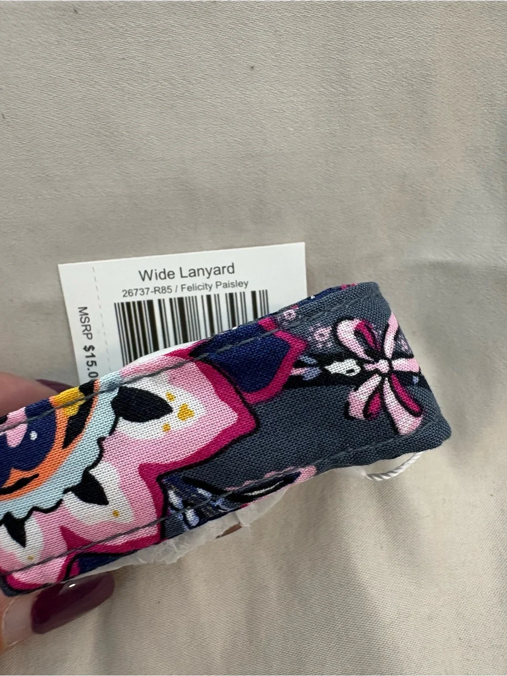 Vera Bradley Felicity Paisley Wide Lanyard in Navy with Pink Floral